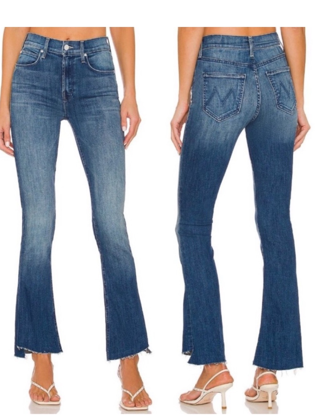 Mother Blue Mid-Rise Flare Jeans With Raw Hem